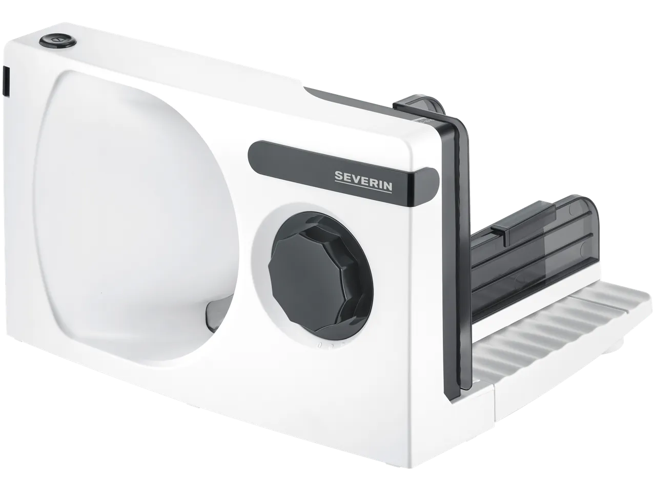 Feliator alb Severin pentru fructe și legume cu regulator negru de grosime.