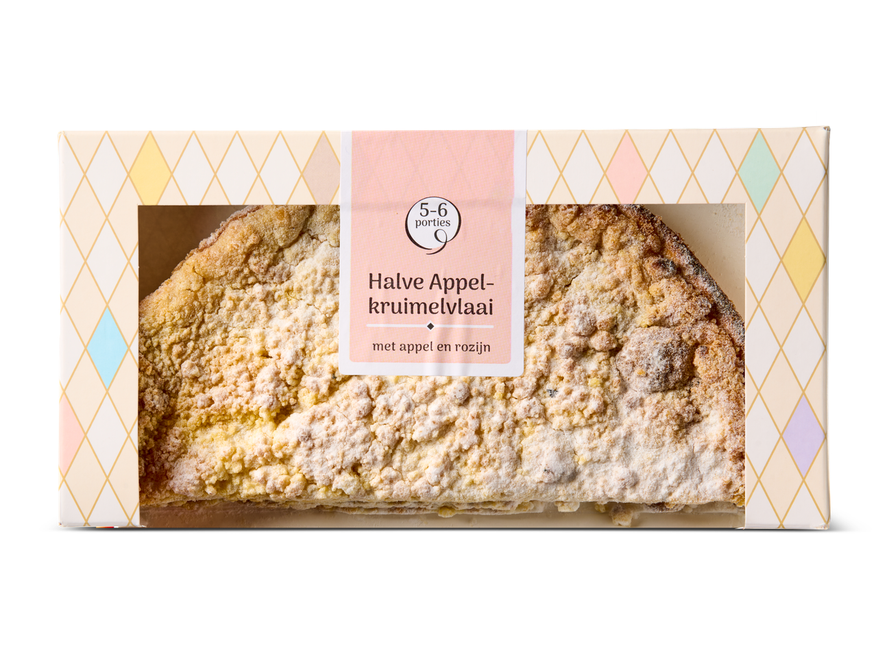 Halve appelkruimeltaart in een pastelkleurig doosje.