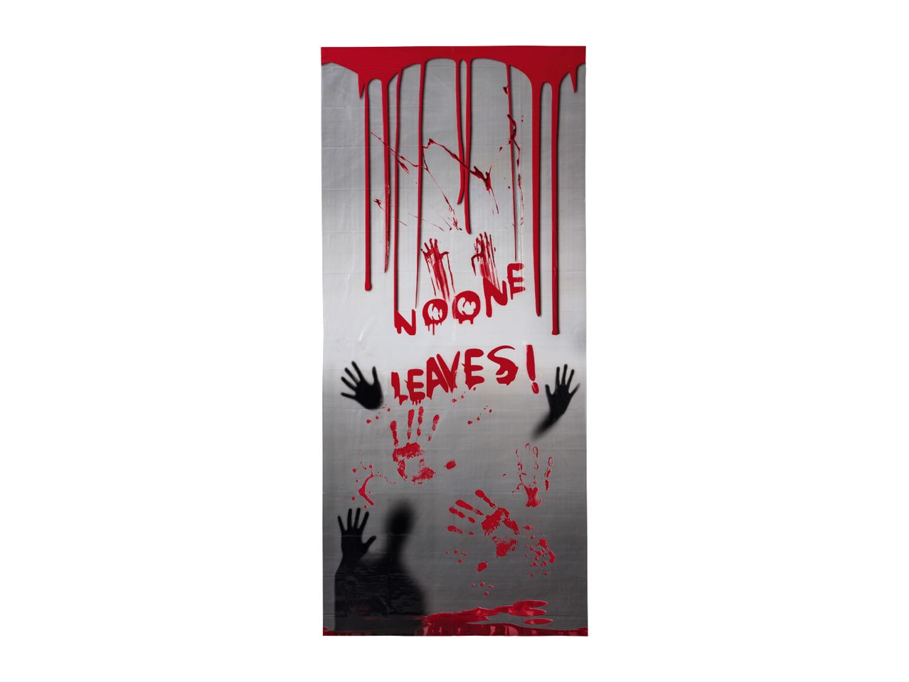 Halloween door cover with red blood drips, handprints, and the text 'NO ONE LEAVES!'
