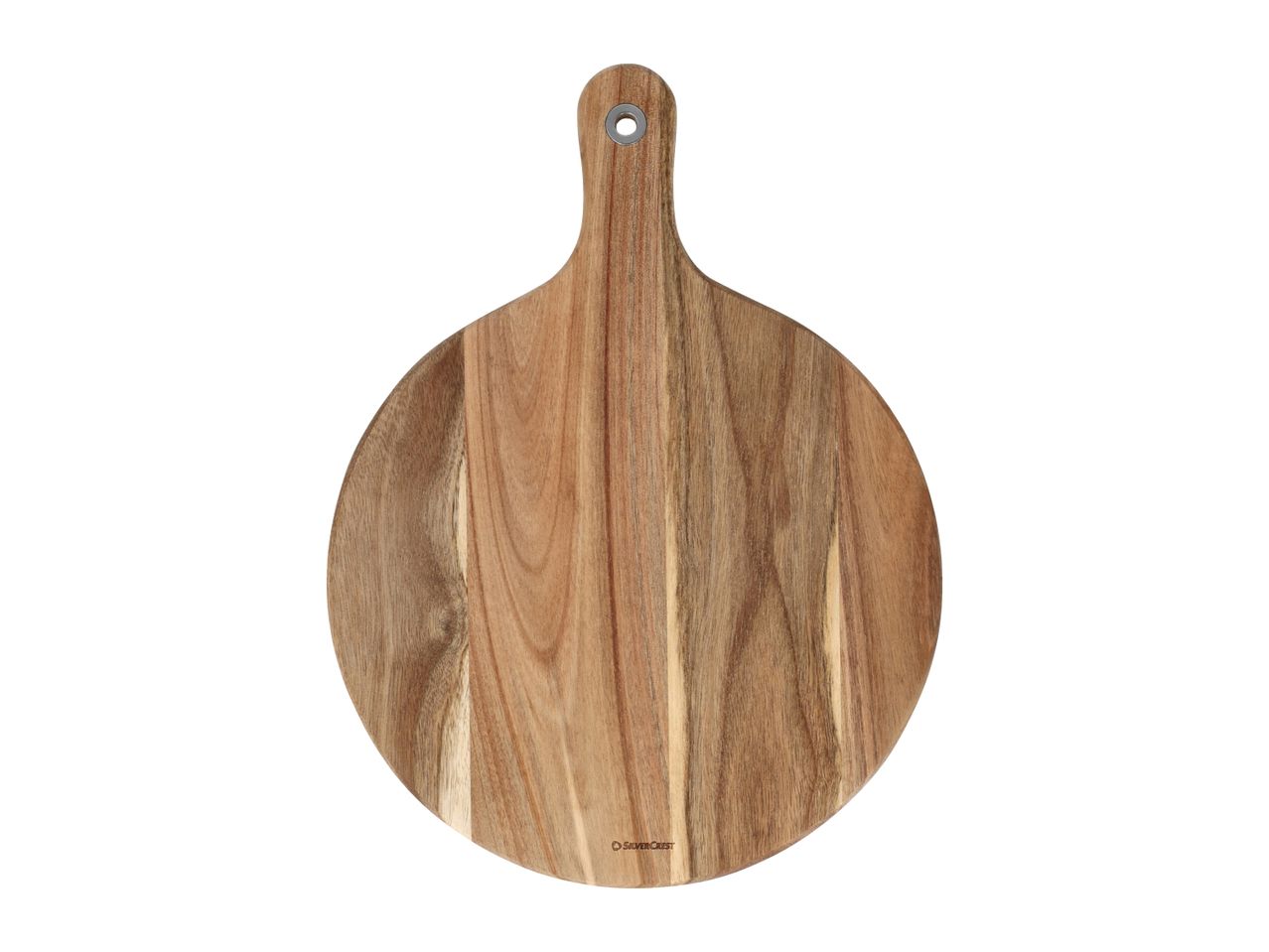 Round wooden cutting board with a handle and a metal eyelet for hanging.