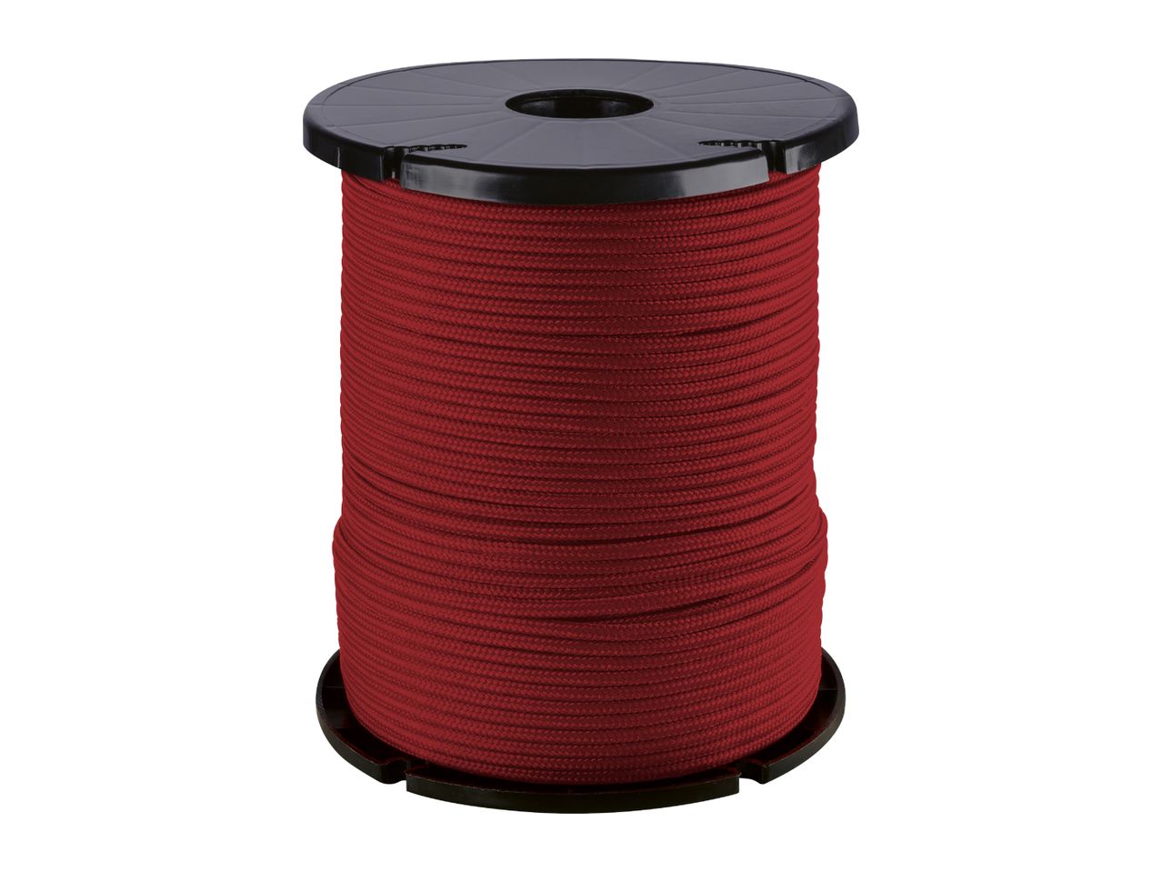 A spool of red rope or cord with black plastic top and bottom, isolated on a white background.
