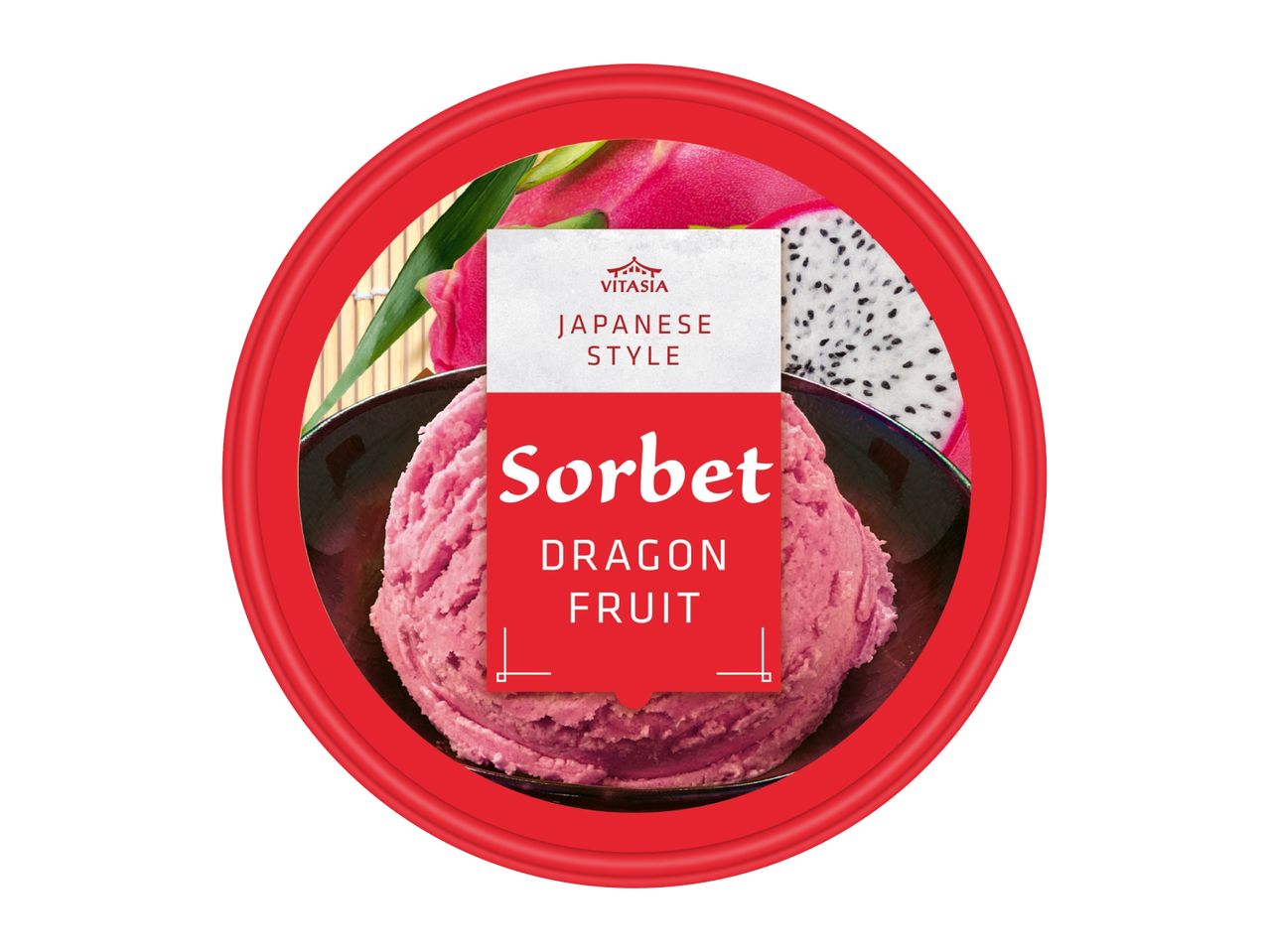 Dragon fruit sorbet in a bowl, Japanese style, with dragon fruit slices.
