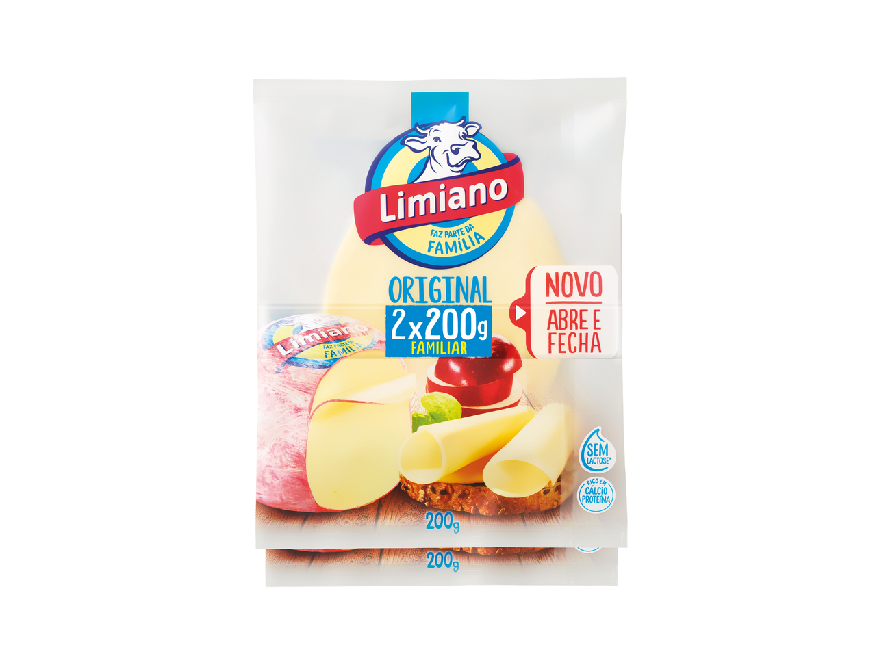 Queijo Limiano em fatias, embalagem familiar original 2x200g, sem lactose, rico em cálcio e proteína.