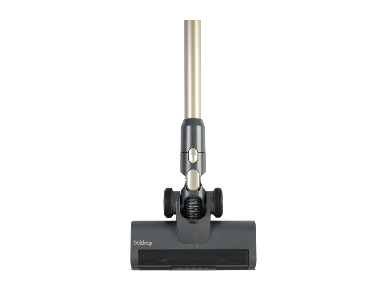 A gray and silver upright vacuum cleaner floor head.