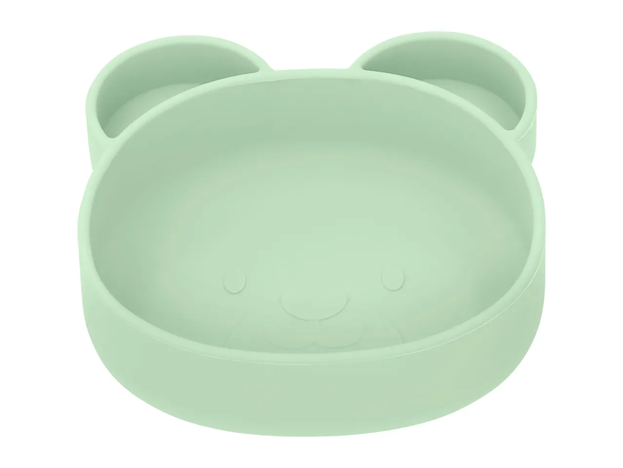 Light green bear-shaped silicone baby bowl with embossed facial features.