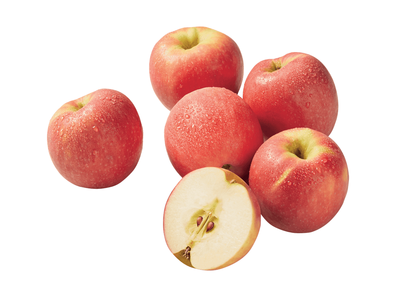 Fünf rote Äpfel mit Wassertropfen und ein halber Apfel auf schwarzem Hintergrund.