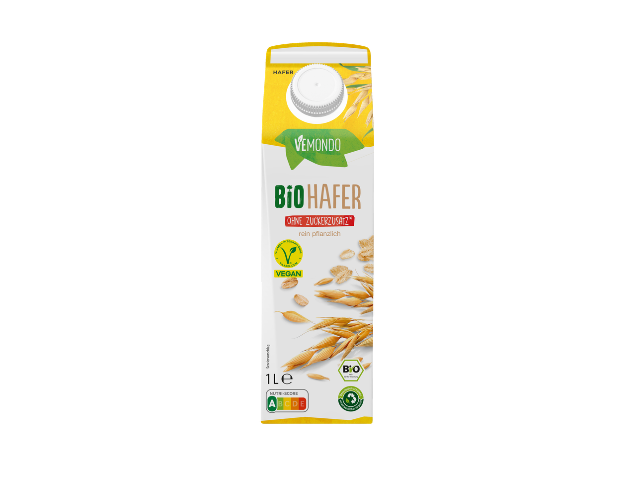 VEMONDO Bio Haferdrink, ohne Zuckerzusatz, rein pflanzlich, 1L Packung mit Nutri-Score A.