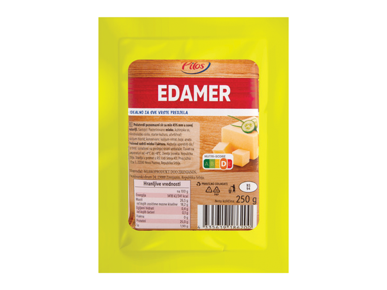 Pakovanje edamer sira sa informacijama o nutritivnoj vrednosti i Nutri-Score oznakom.