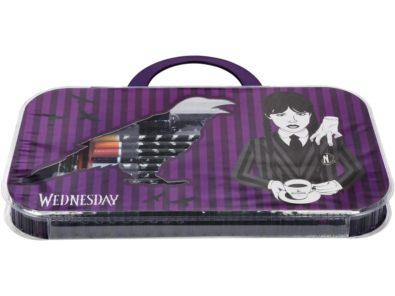 Conjunto de desenho Wednesday com marcadores e lápis de cor numa caixa temática