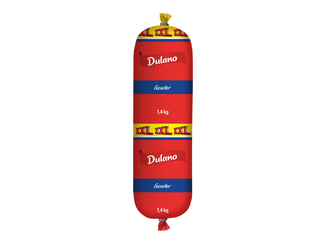 Punainen makkara, jossa on sinisiä ja keltaisia raitoja, tekstillä 'Gouter' ja '1,4 kg'.
