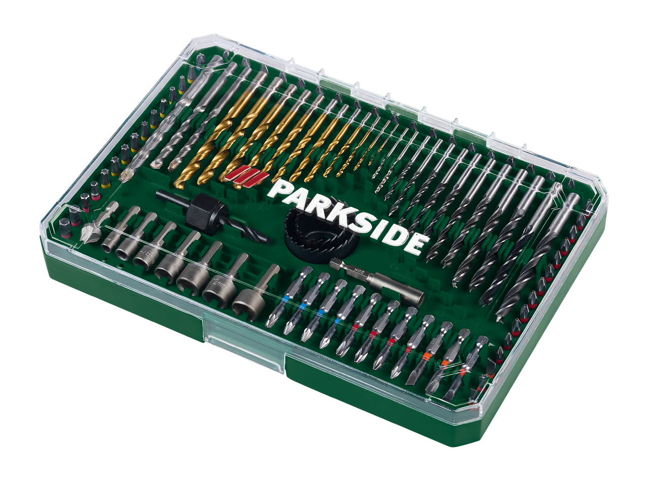 Комплект свредла и битове Parkside в зелена кутия, включващ различни размери и видове.