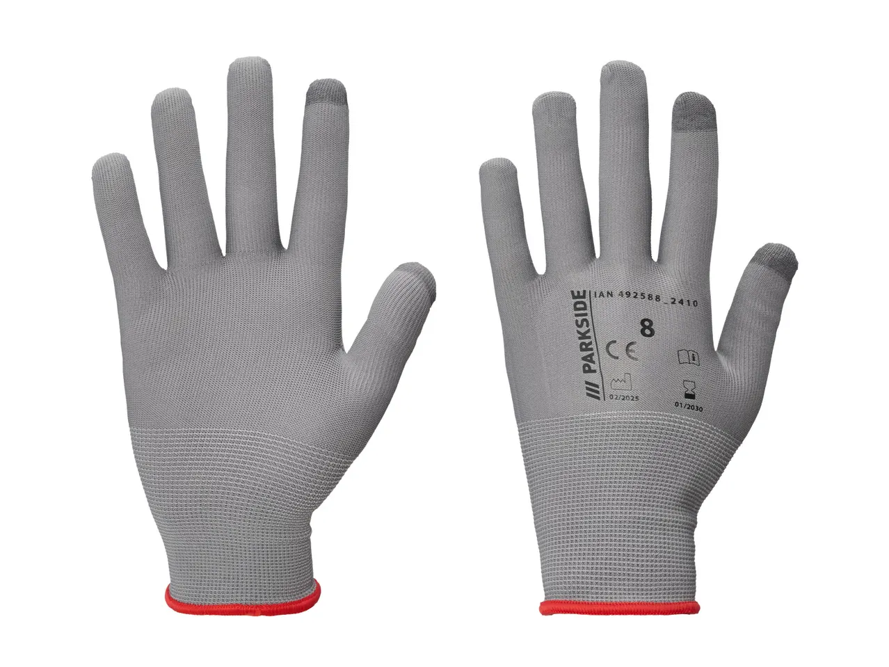 Two gray Parkside work gloves with red cuffs, one showing the palm and the other the back.