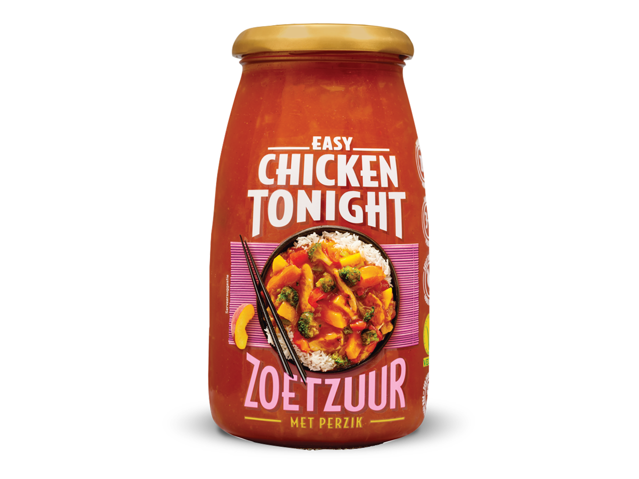 Fles zoetzure saus met perzik voor kip, met een afbeelding van een maaltijd met rijst en groenten.