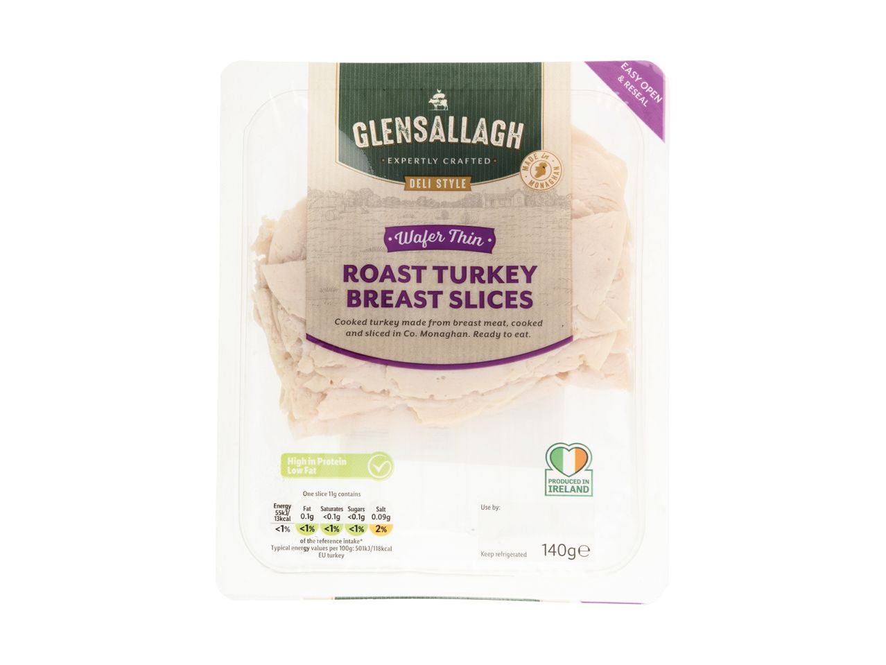 Pack of wafer thin roast turkey breast slices, high in protein and low fat, produced in Ireland.