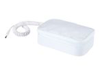 White rectangular fabric case with a zipper and a coiled white cable with a DC connector.