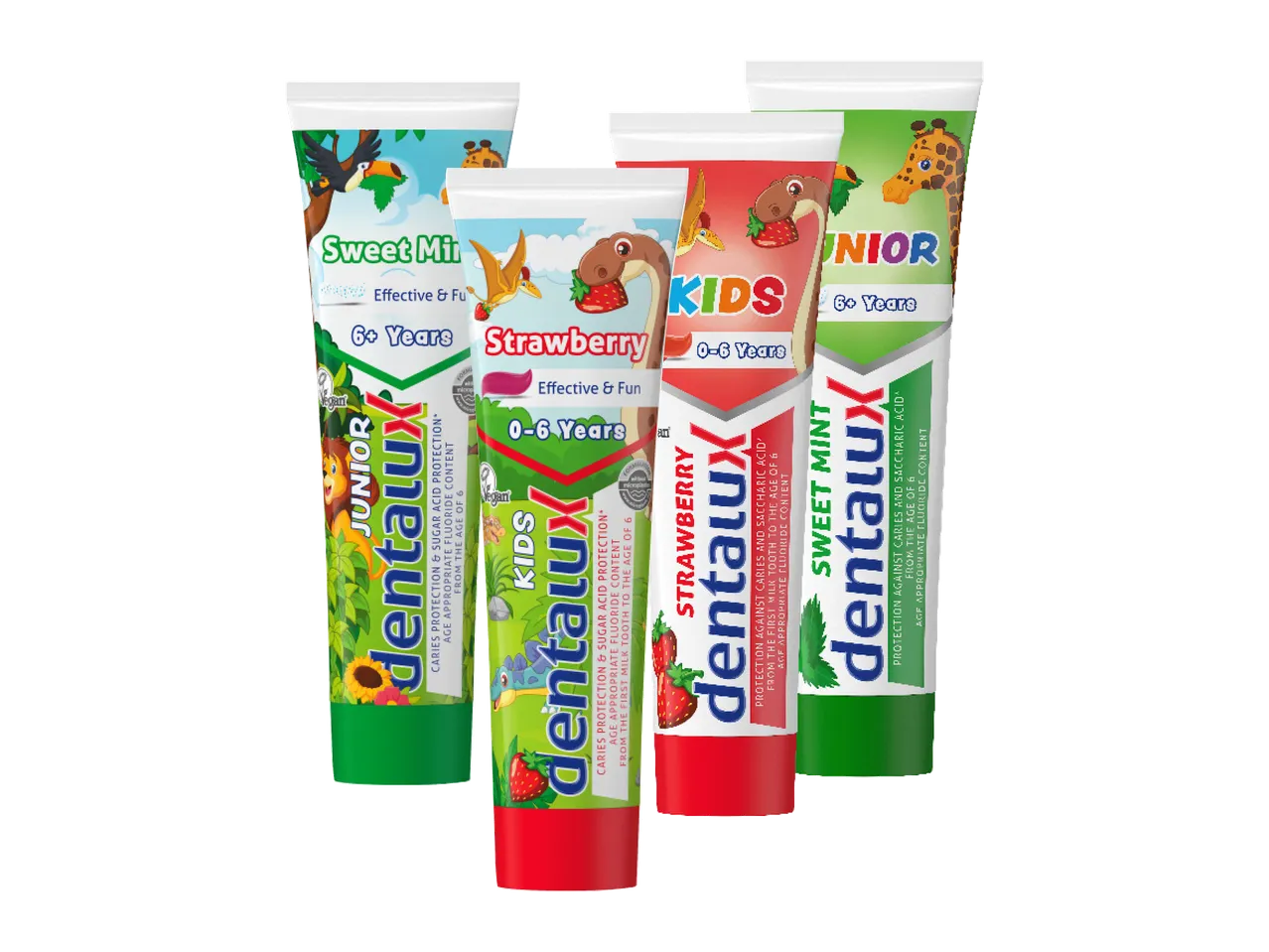 Četiri tube dečije paste za zube sa ukusima jagode i slatke mente, za različite uzraste.
