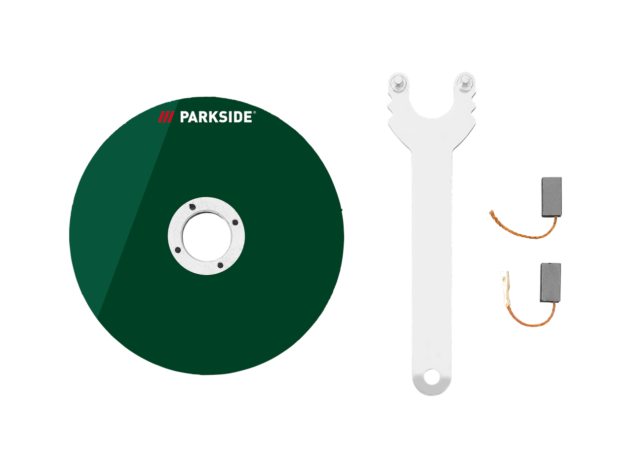 Диск за ъглошлайф Parkside, ключ и две карбонови четки.