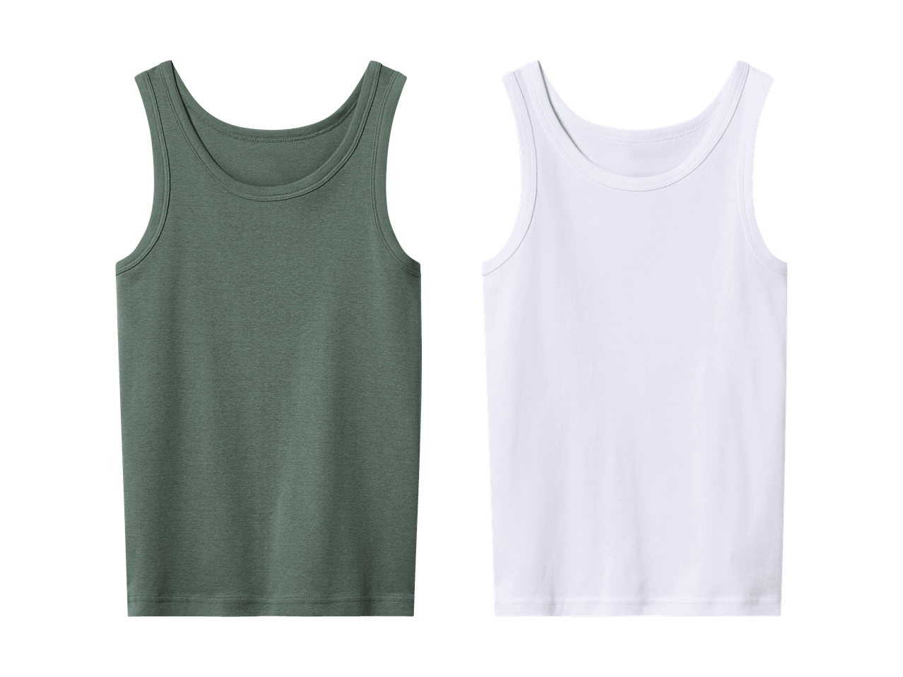 To tanktoppe, en grøn og en hvid, på en sort baggrund.