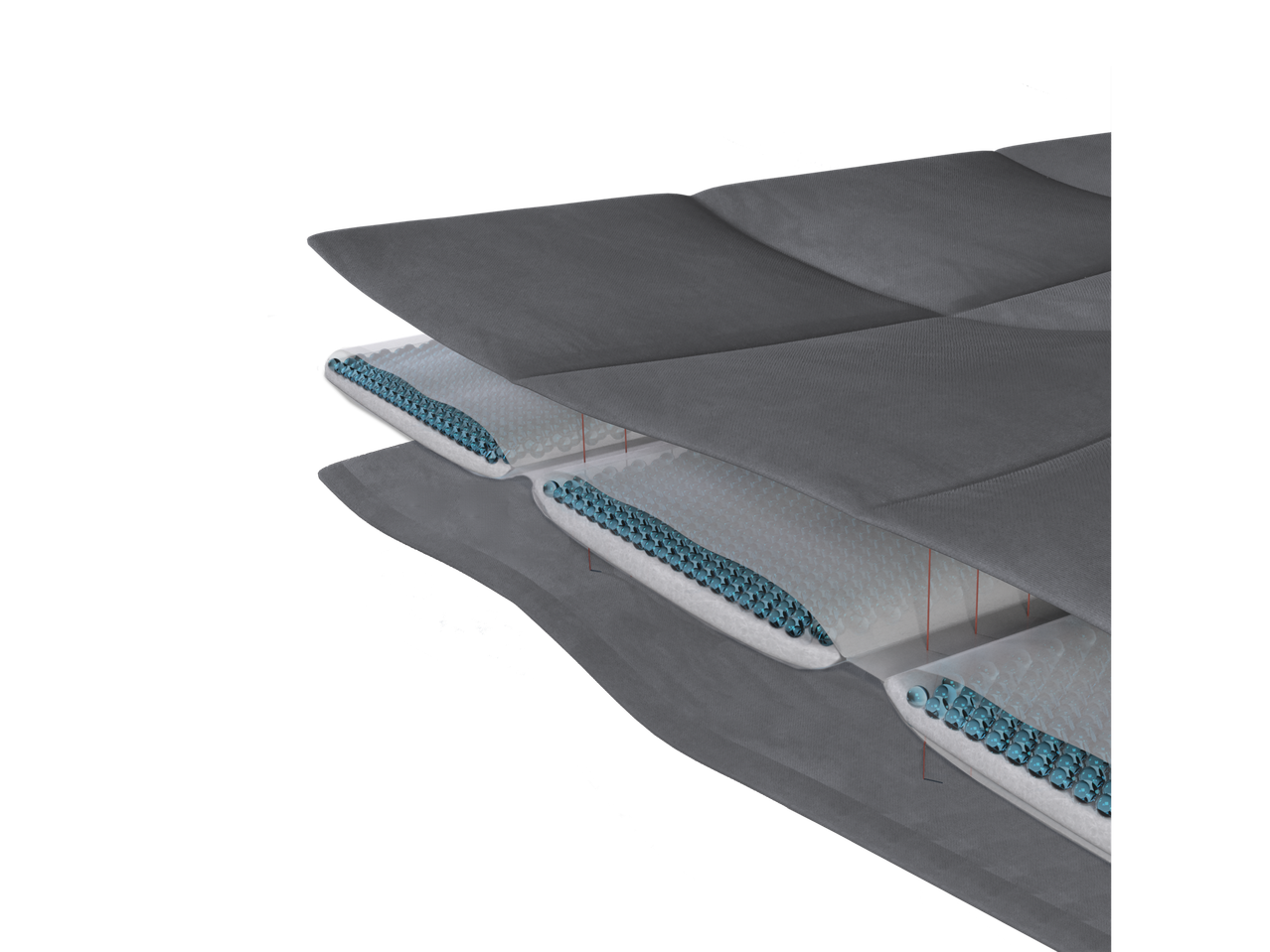 Cutaway view of a mattress with multiple layers, including a layer with blue beads.