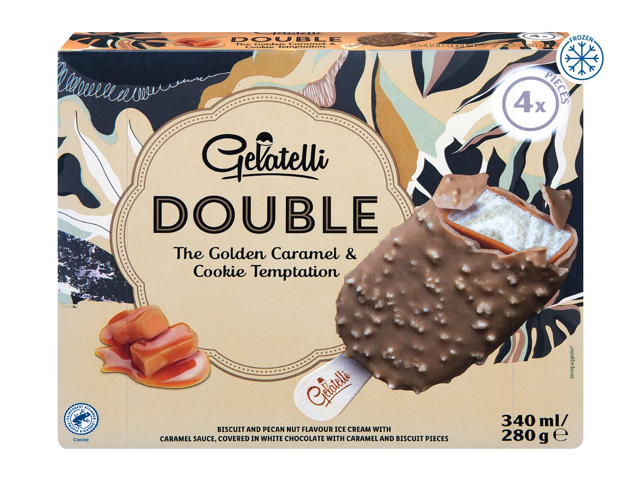 Box of 4 caramel and cookie ice cream bars, with a bite taken out of one.