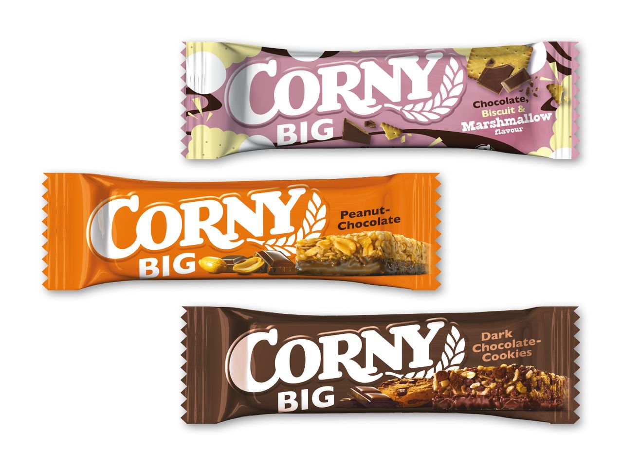 Tre Corny BIG müslibarer: chokolade, kiks & skumfidus; jordnød-chokolade; mørk chokolade-cookies.