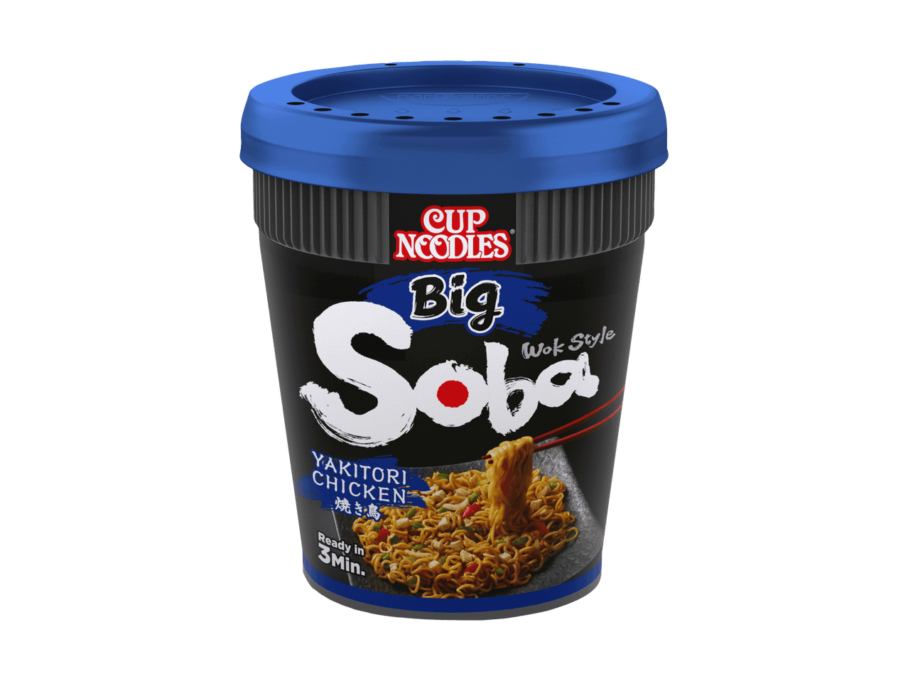 Cup Noodles Big Soba Yakitori Chicken, Wok-Stil, in 3 Minuten fertig.