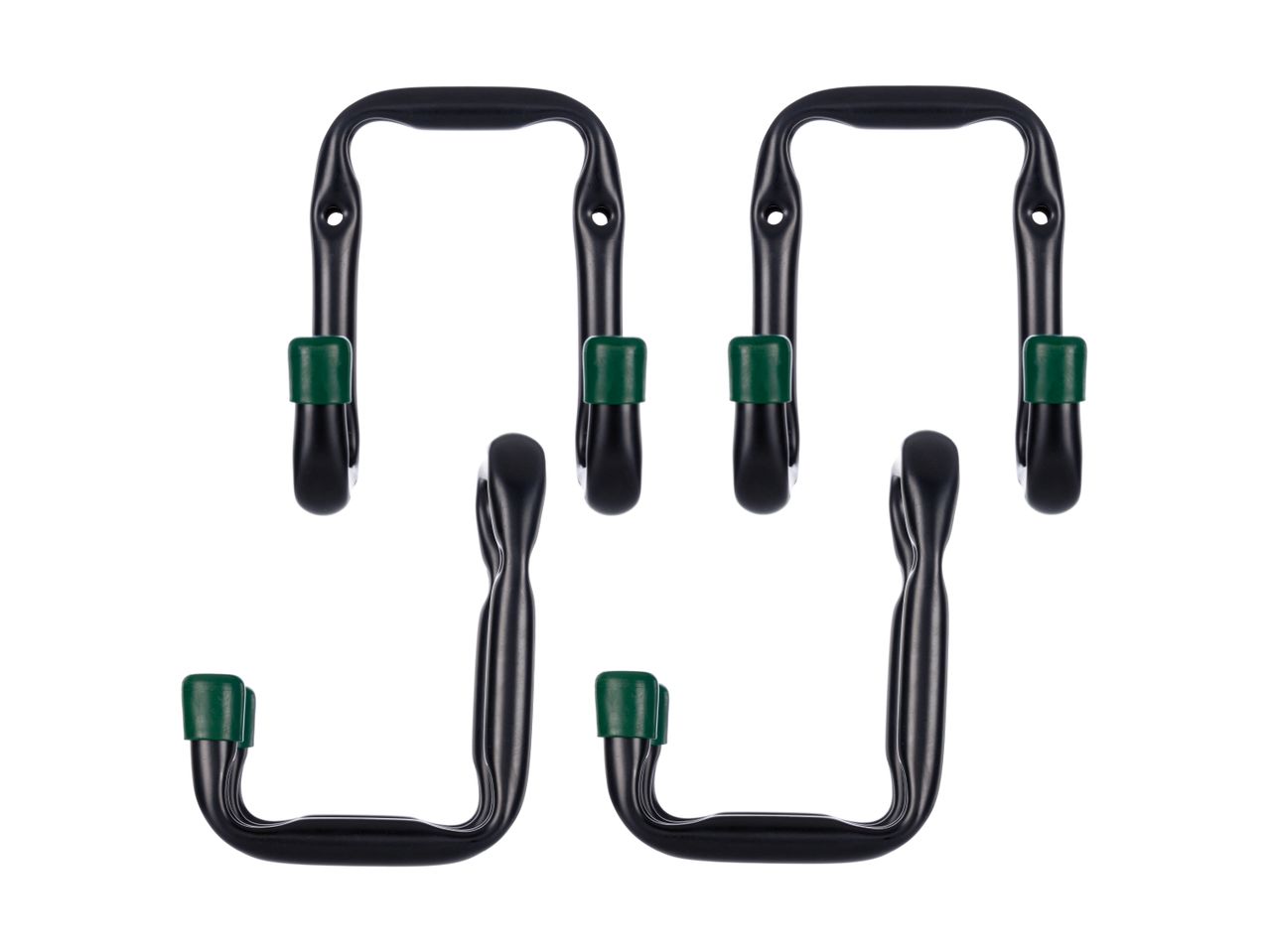 Four black and green heavy-duty garage storage hooks arranged in two rows.