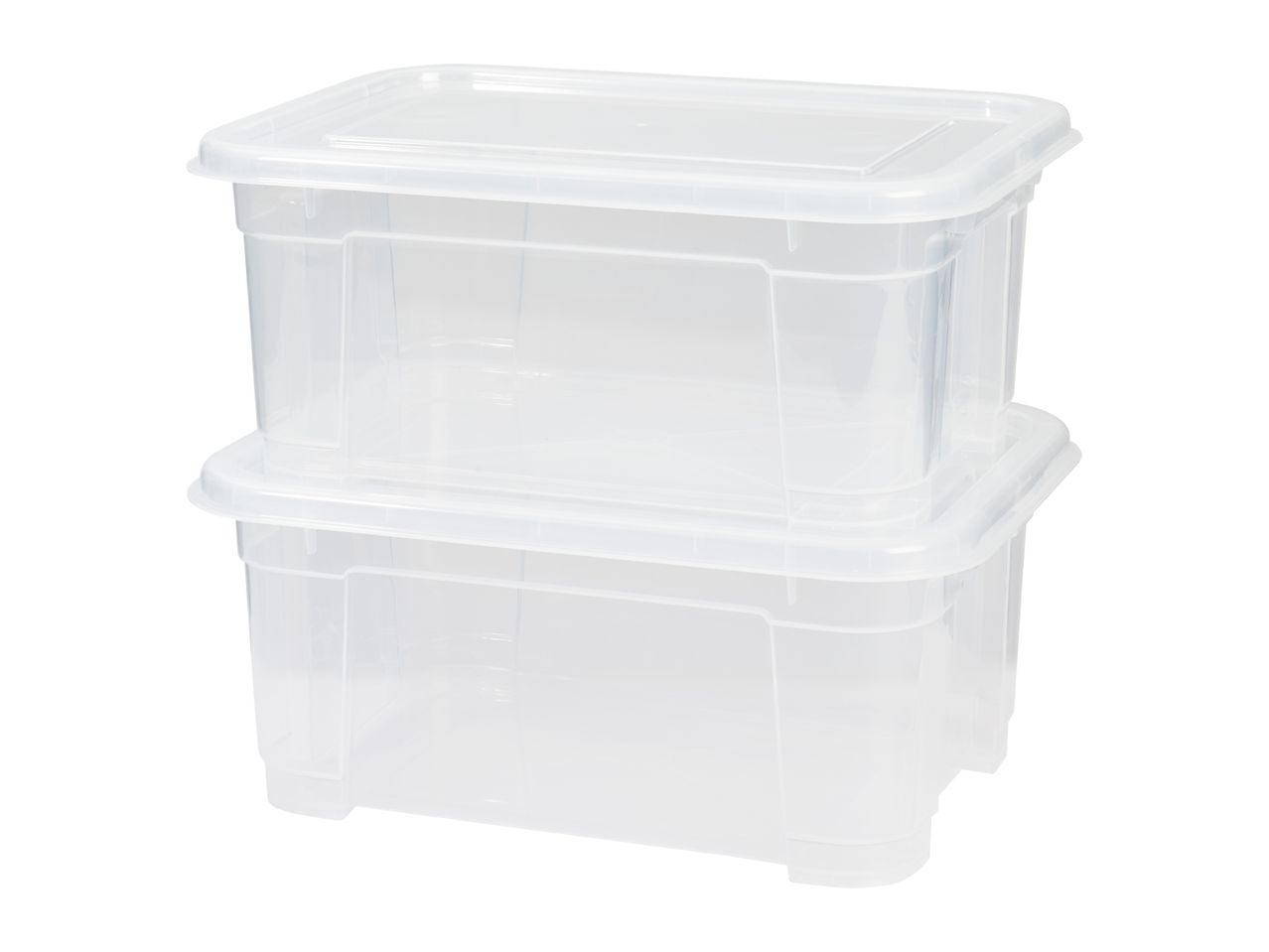 Two stacked clear plastic storage boxes with lids