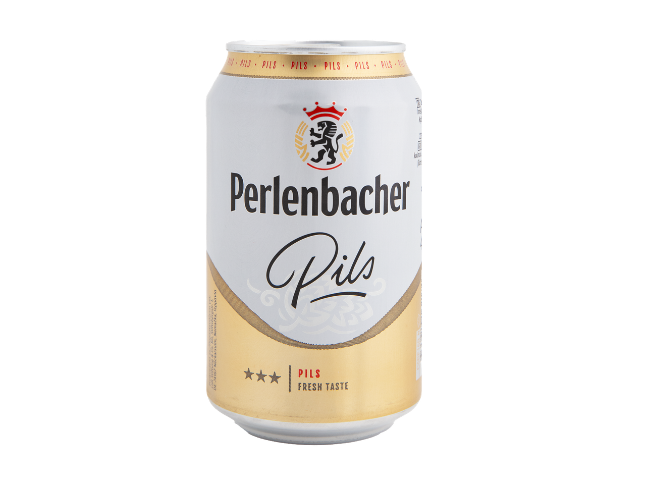 Bela limenka piva sa zlatnim detaljima i natpisom 'Pils Fresh Taste'.