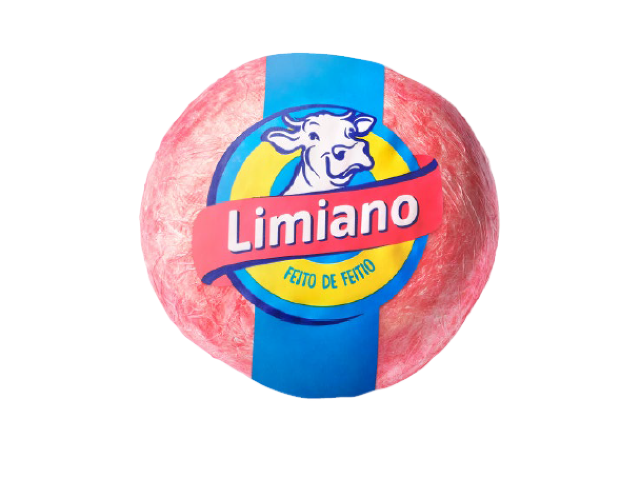 Um queijo redondo com uma faixa azul e um logótipo de vaca, com a inscrição 'Limiano'.
