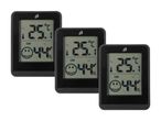 Tre sorte digitale termometre viser 25°C og 44% luftfugtighed.