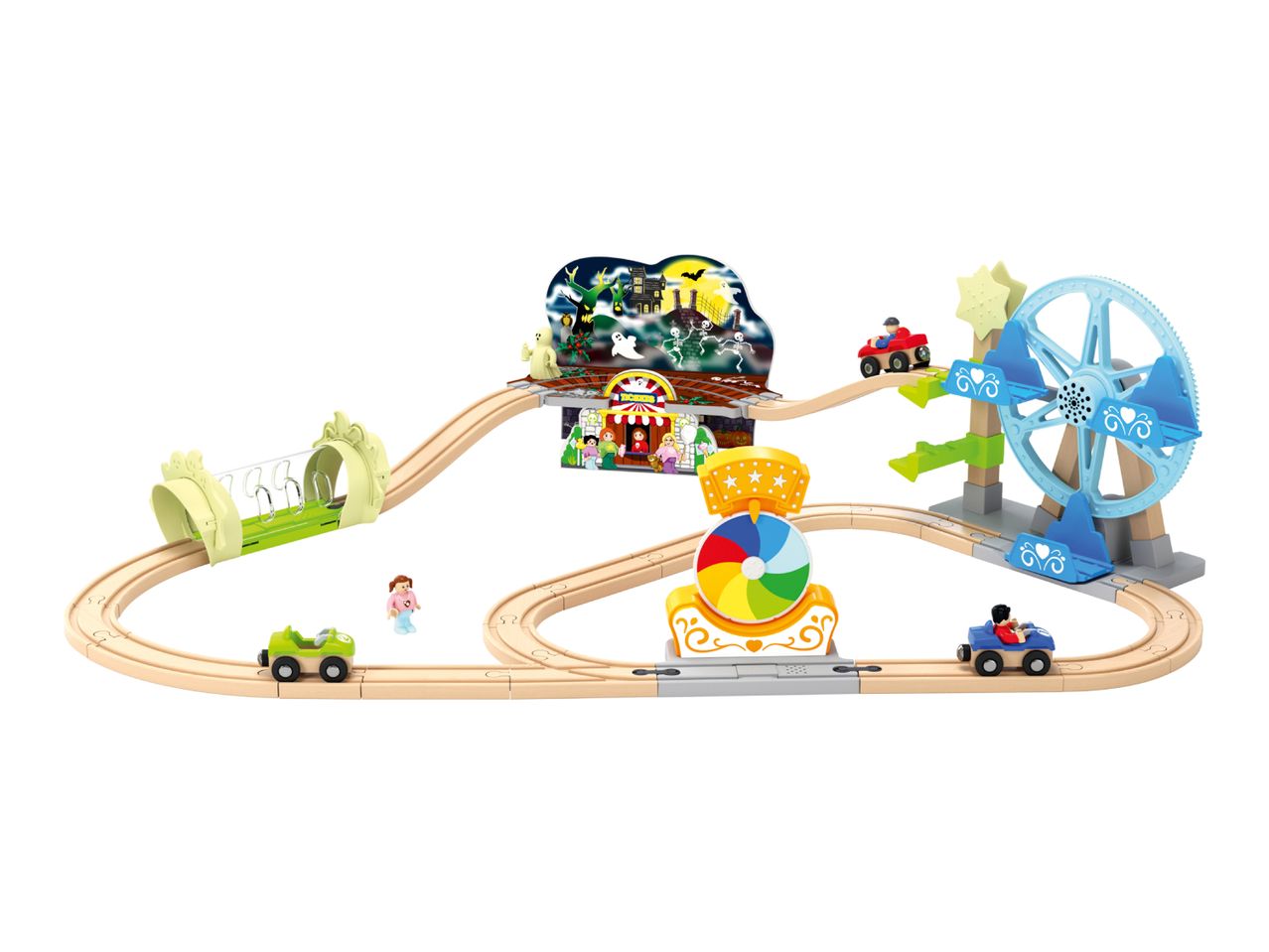 Wooden toy train set with a Halloween theme, including a haunted house, Ferris wheel, and cars.