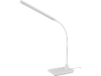O lampă de birou LED albă elegantă, cu braț flexibil.