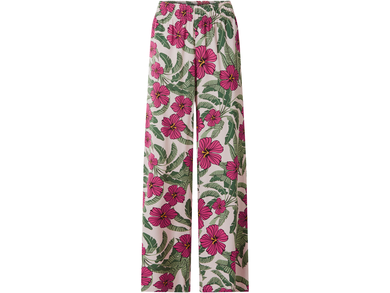 Női hosszú nadrág rózsaszín hibiszkusz és zöld levél mintával.