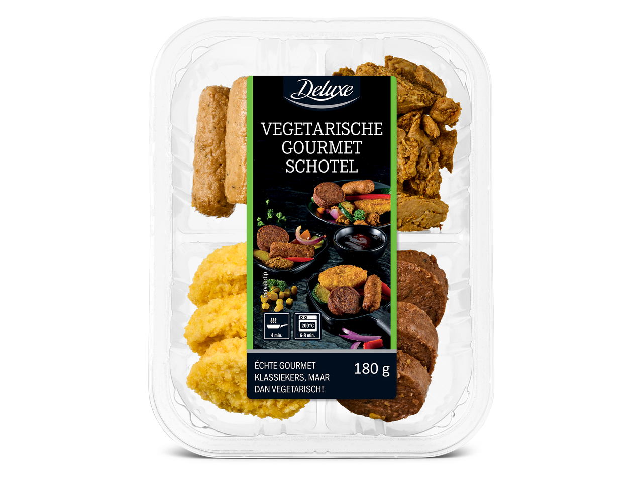 Vegetarische gourmetschotel met diverse vleesvervangers, waaronder worstjes, nuggets en burgers, 180g.