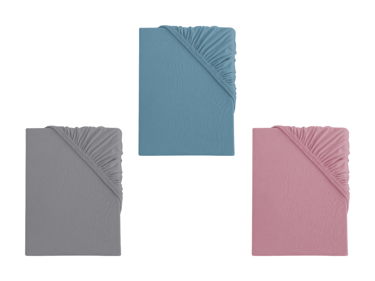 Tre lenzuola con angoli elasticizzati piegate, una blu, una grigia e una rosa.