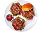 Three cheeseburgers with ketchup on a plate.