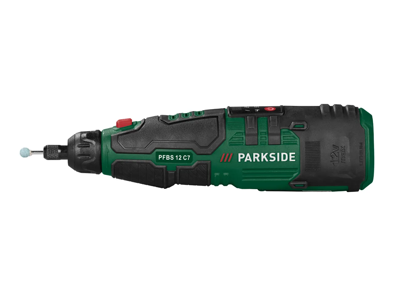 A green and black cordless rotary tool with a grinding bit, featuring 12V max Lithium power.