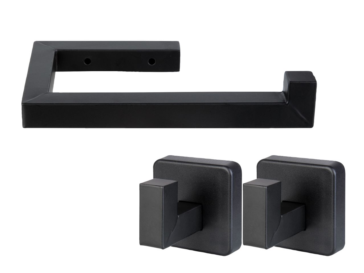 Schwarzer Toilettenpapierhalter und zwei passende Haken