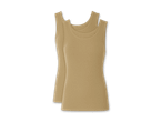 Zwei beigefarbene, gerippte Tanktops liegen übereinander.