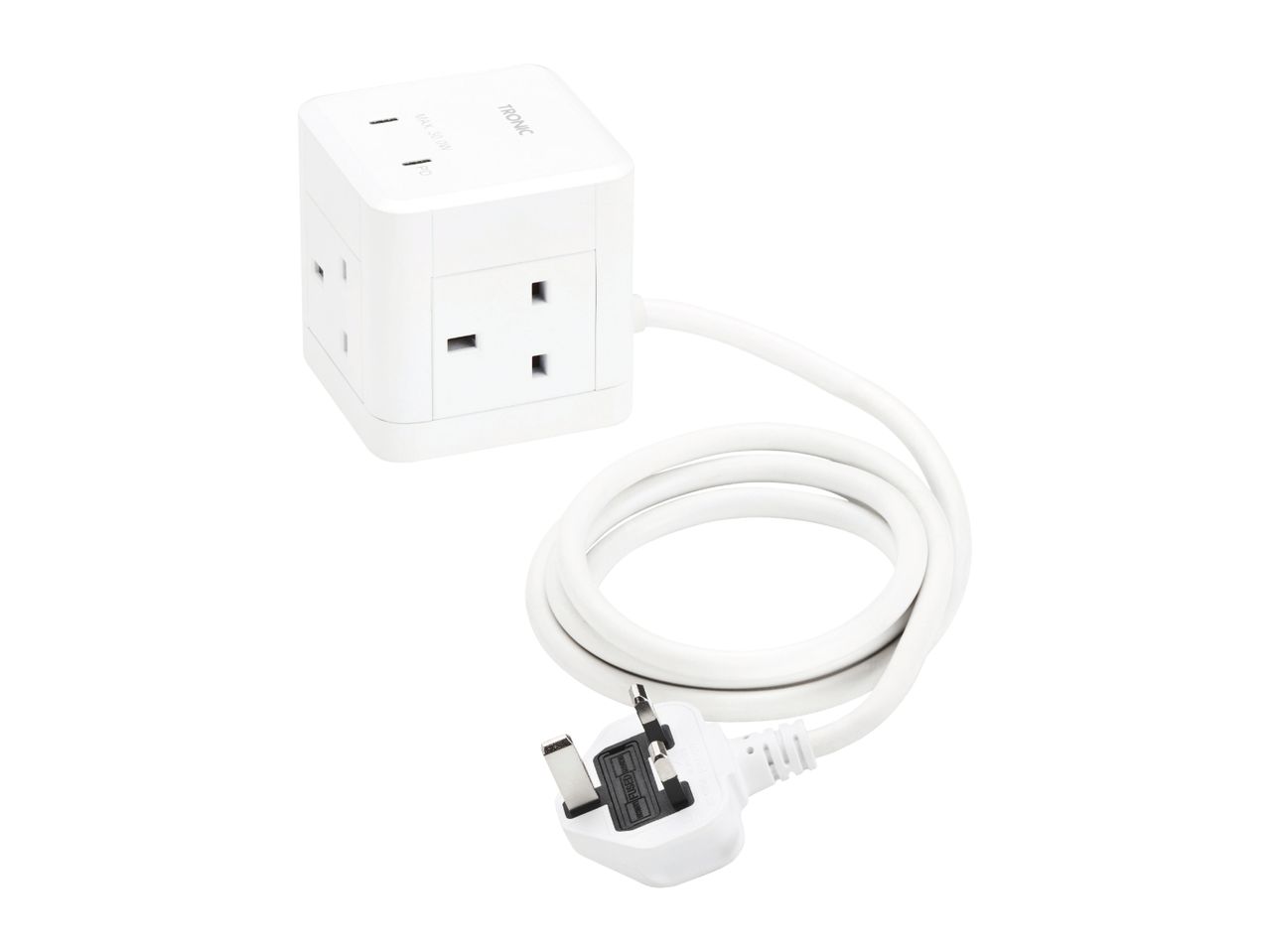 White cube-shaped power strip with multiple outlets and a coiled cable with a UK plug.
