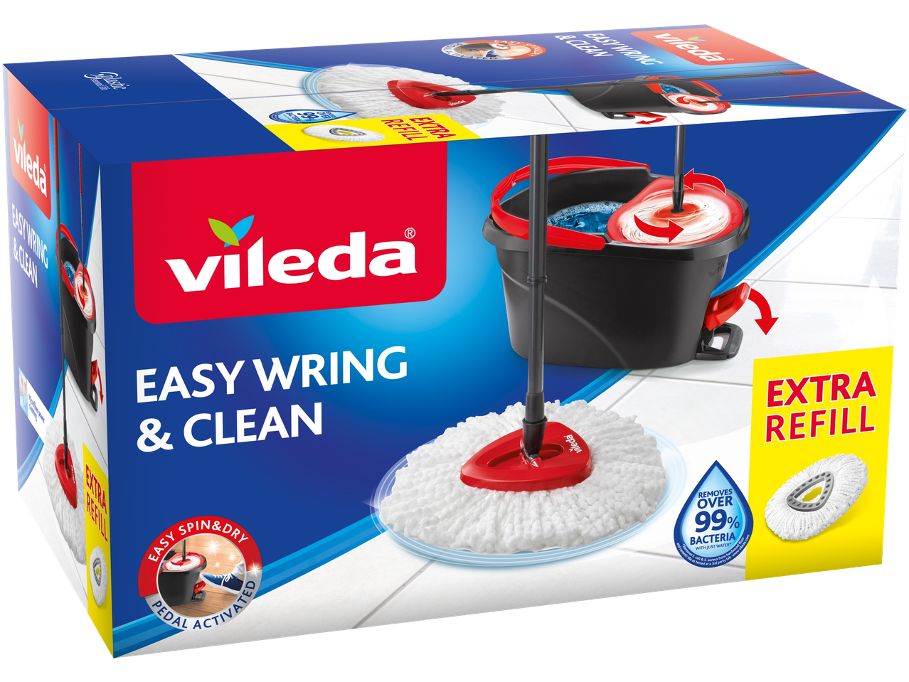 Conjunto de limpeza Vileda Easy Wring & Clean com balde e esfregona, inclui recarga.
