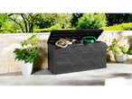 Coffre de rangement Keter gris foncé pour jardin, avec outils de jardin.