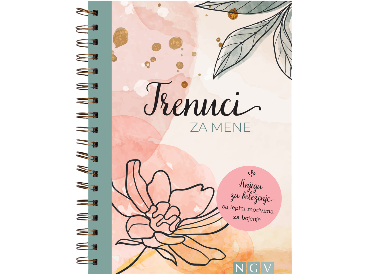 Sveska sa cvetnim akvarel dizajnom, zlatnim akcentima i naslovom „Trenuci za mene“.