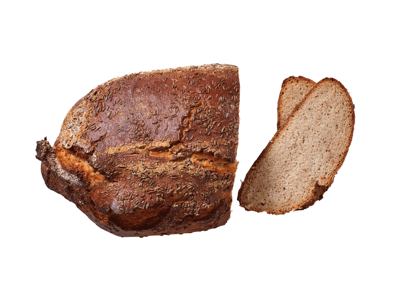 Rukkileib köömnetega, viilutatud, mustal taustal.