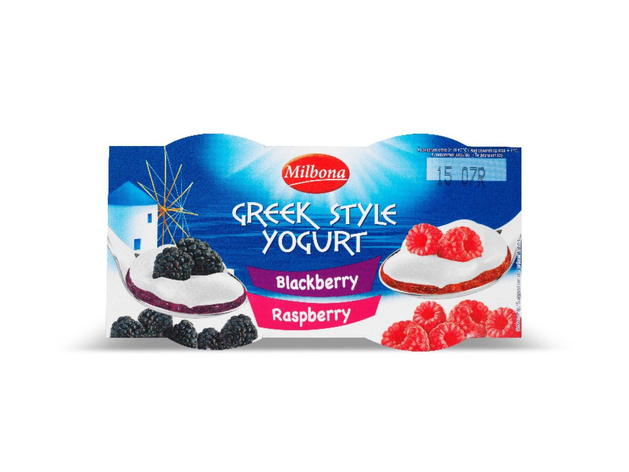 Milbona Griekse yoghurt: braambessen en frambozen.