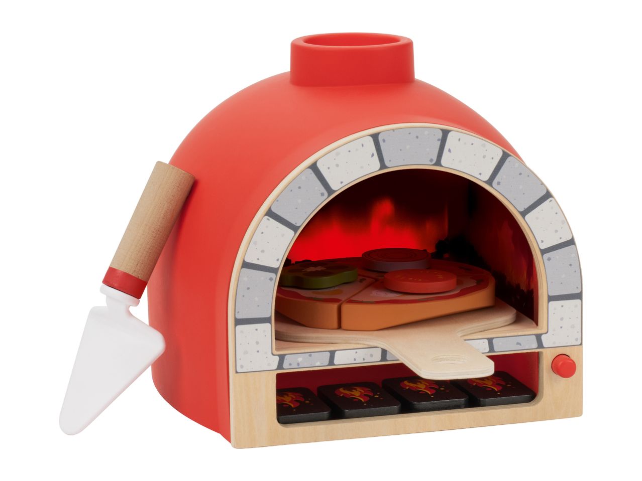 Toy pizza oven with a pizza, toppings, and a pizza peel.