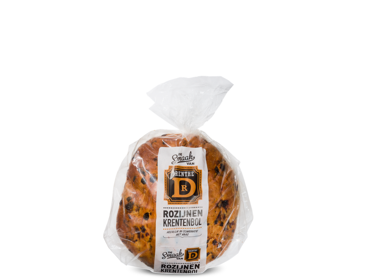 Drentse rozijnen krentenbol in plastic verpakking met label