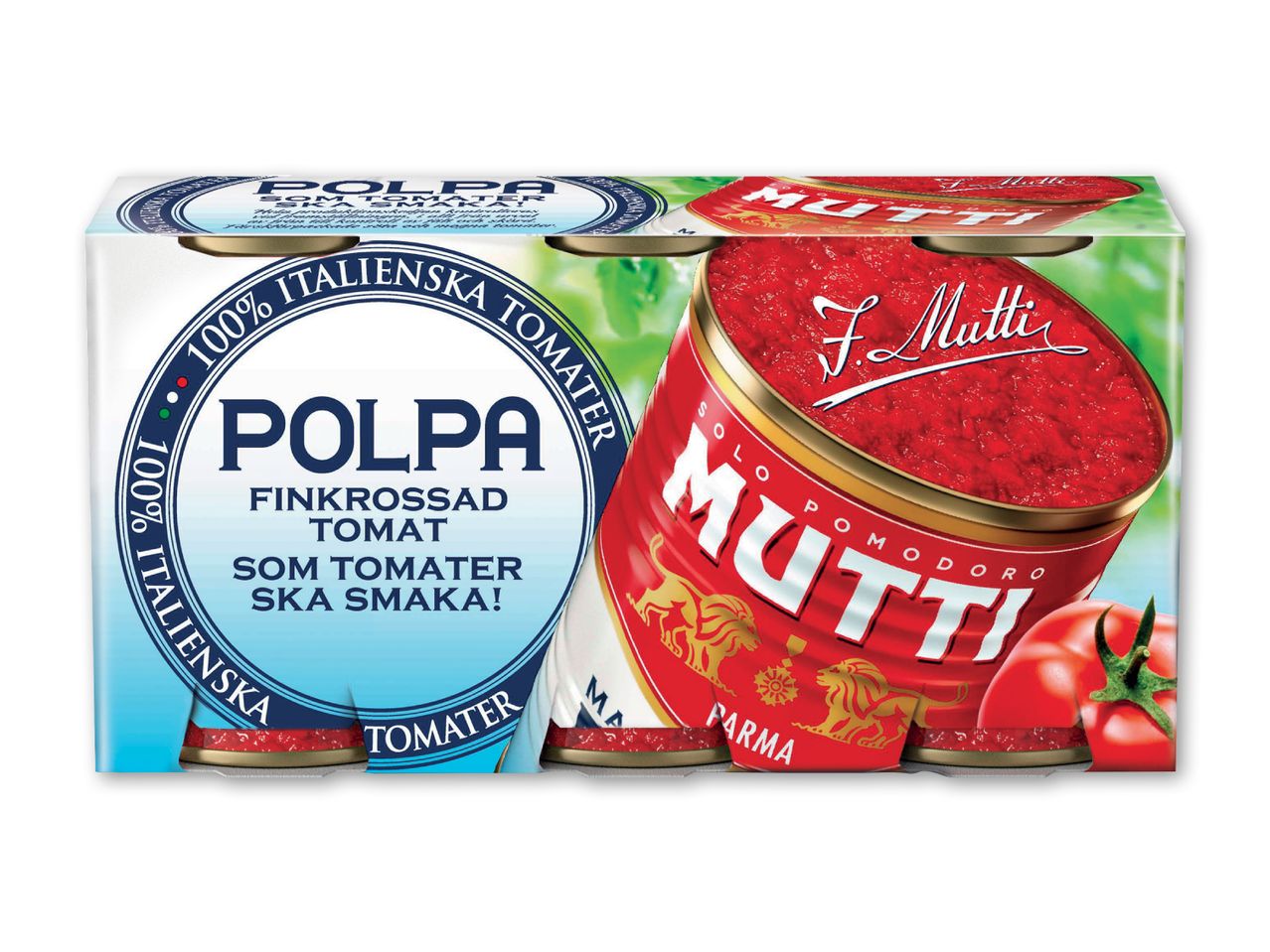Pakke med fire dåser hakkede tomater, med teksten '100% italienske tomater' og 'Finkrossad tomat som tomater ska smaka!'.