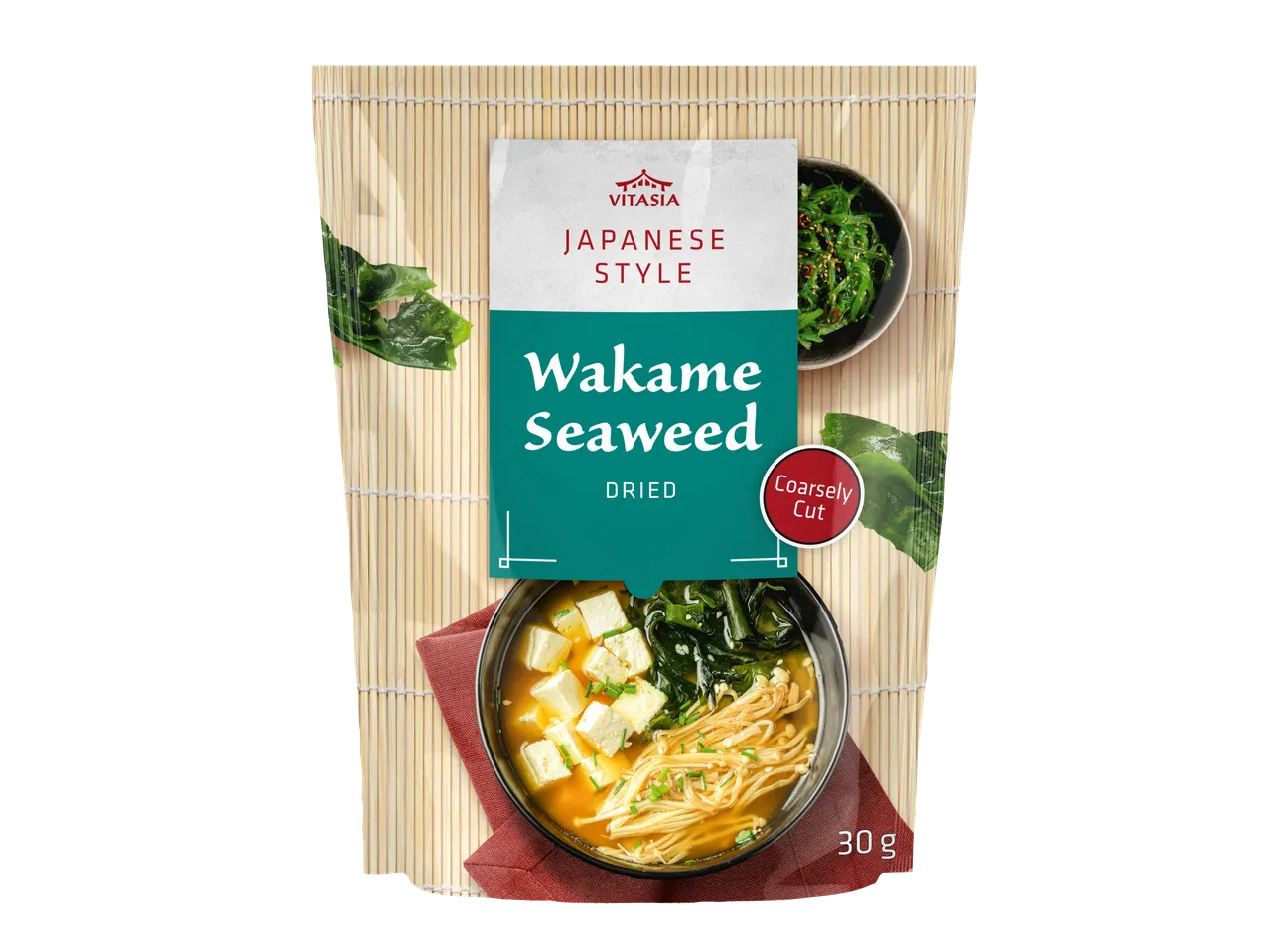 Vitasia Japanese Style Wakame Seaweed, dried and coarsely cut, with a bowl of miso soup.